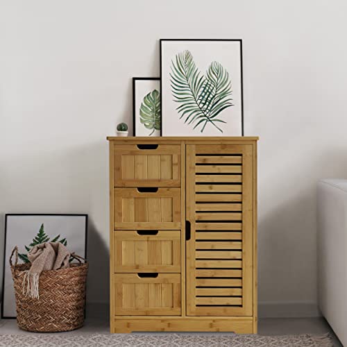 MUPATER Small Storage Cabinet Bamboo with 4 Drawers and 1 Cupboard, Freestanding Compact Floor Towel Cabinet Bamboo for Laundry Room, Entryway and Bedroom, Natural
