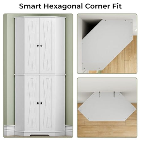 IRONCK Corner Cabinet, 72" H Kitchen Pantry Storage Cabinet, 4 Barn Doors with Storage Rack, 4 Adjustable Shelves, 6-Tier Tall Food Pantry Cabinet, Farmhouse Hutch for Kitchen Dining Room, White IRONCK