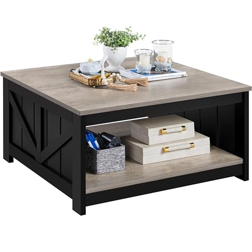 Yaheetech Farmhouse Coffee Table, Square Wooden Coffee Table for Living Room with Open Storage Shelf, 35.4 in Living Room Center Table for Home, Office, Reception Room, Gray & Black Yaheetech