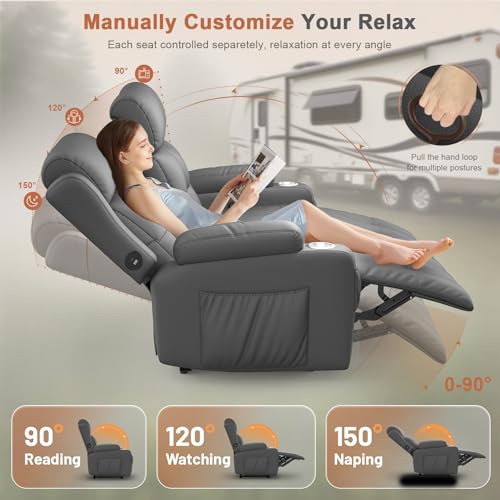 Tiooii RV Loveseat Recliner Sofa, Massage Wall Hugger Recliners Couch with USB Port, Side Pockets, Cup Holders, 150° Reclining Sleeper, for RV Furniture & RV Camper & Home Theater Seating