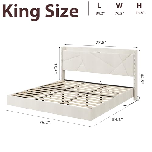 GarveeHome King Floating Bed Frame with LED Lights & Charging Station, Upholstered Platform Beds with Storage Headboard & Folding Shelves Storage, Metal Slats Support, No Box Spring Needed, Beige GarveeHome
