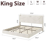GarveeHome King Floating Bed Frame with LED Lights & Charging Station, Upholstered Platform Beds with Storage Headboard & Folding Shelves Storage, Metal Slats Support, No Box Spring Needed, Beige GarveeHome