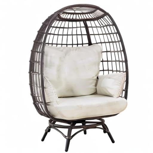 Sunjoy Cuddle Wicker Swivel Lounge, Oversized Indoor Outdoor Egg Chair with 4 Cushions for Patio, Backyard, Living Room, Brown Sunjoy