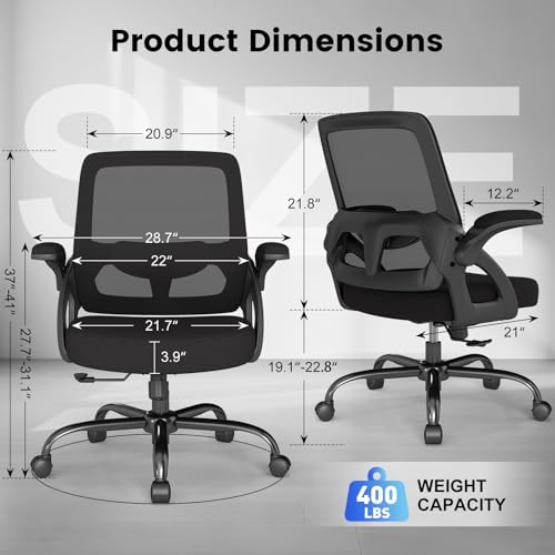 AnyGod Big and Tall Office Chair, Ergonomic Desk Chair Mesh Mid Back with Comfy Lumbar Support Swivel Task Executive Chairs with Wheels, Flip up Arms for Home, Office, Study AnyGod