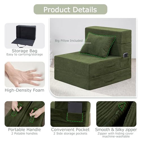 HILERO Folding Sofa Bed, 4 in 1 Convertible Sleeper Chair with Pillow, Single Memory Foam Fold Out Chair Bed, Modern Floor Futon Sofa Couch Mattress for Living Room/Guest/Apartment, Green HILERO