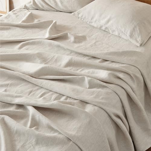 Bedsure Queen Bed Sheets, Cotton Linen Sheet Set, Breathable & Durably, Anti - Pilling & Soft, Deep Pocket Queen Fitted Bedsheets Up to 16 Inches, 4 Pieces, Linen Bedsure