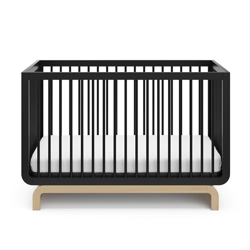Storkcraft Santorini Deluxe 5-in-1 Convertible Crib with Bonus Toddler Guardrail (Black with Driftwood) – GREENGUARD Gold Certified, Toddler Guardrail Included in Box, Fits Standard Crib Mattress Storkcraft