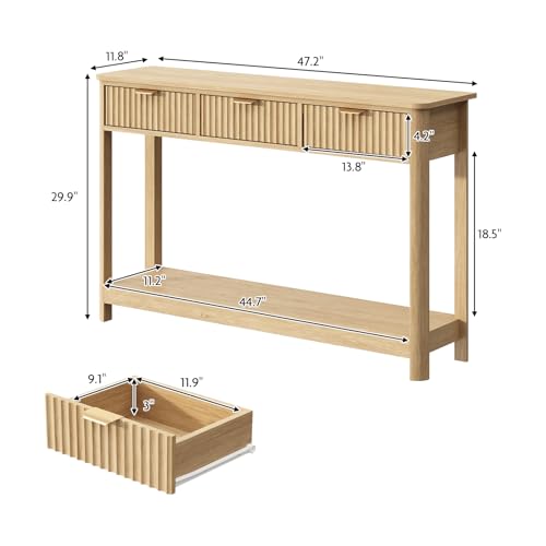 HOKYHOKY Fluted Console Table with Drawers, Modern 47.1" Entryway Table with Storage Shelf, Boho Narrow Skinny Behind Couch Wood Sofa Table for Living Room Hallway Entrance Foyer, Natural HOKYHOKY