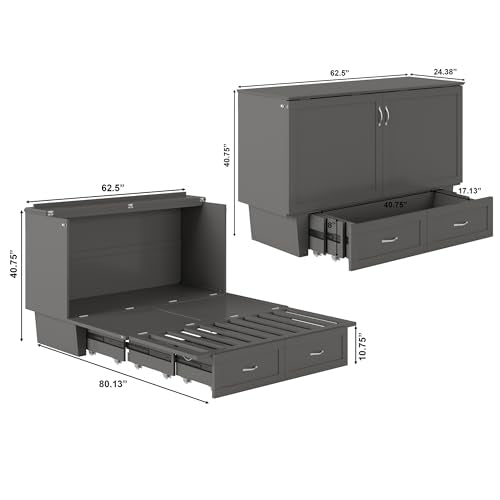 AFI, Monroe Queen Murphy Bed Chest with 6" Mattress, Storage Drawer & Built-in USB Charger, Grey AFI