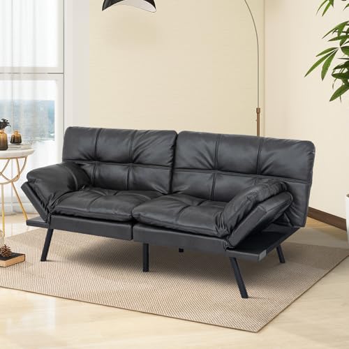MUUEGM Futon Sofa Bed Convertible Couch,Memory Foam Futon Sofa Couch,Sleeper Futons Sofa Couches,Small Splitback Modern Loveseat Sofa Bed for Living Room,Office,Apartment,Faux Leather,Matte Black. MUUEGM