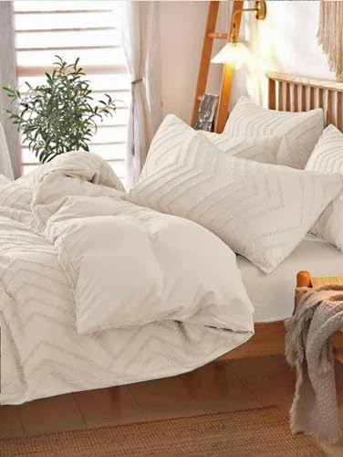 Nanko Beige Duvet Cover Twin Size, 2pc Boho Tufted Microfiber Bedding Comforter Cover Set, All Season Aesthetic Shabby Chic Soft Embroidery Textured Geometric Quilt Cover 68x90 inches Nanko