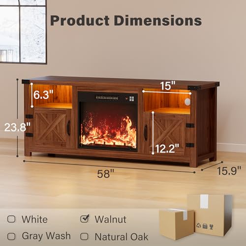 YESHOMY LED Fireplace TV Stand with Mood Lighting, TV Cabinet with Open Shelf, Farmhouse Media Console with Hidden Cable Routing, Entertainment Center for Televisions up to 65+ Inch, Walnut YESHOMY