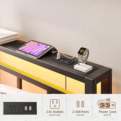 Maliacife Twin Bed Frame with Headboard,Single Bed Frame with Charging Station and LED Lights,Metal Platform Bed Twin Sizes,No Box Spring Needed,Easy Assembly,Black (Sand Black, Twin) Maliacife