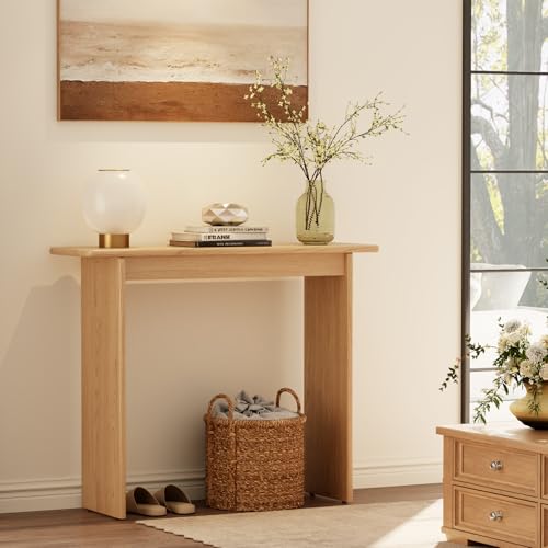 AQIMUELE Natural Console Table Thin Rubberwood Minimalist Mid-Century Style | Stable and Sturdy 11.8" D x 39.4" W x 31.5" H for Entryway/Sofa Back AQIMUELE