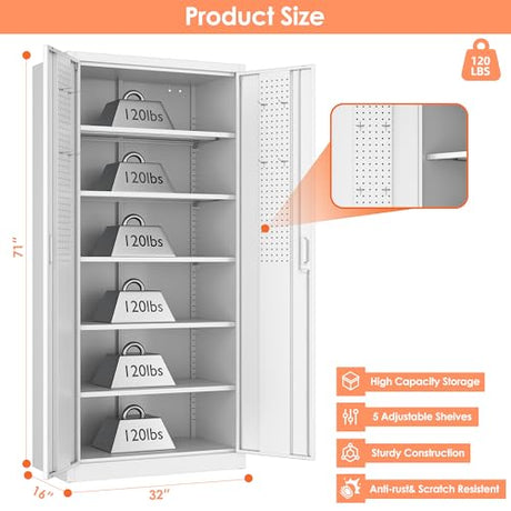 JAORD Metal Storage Cabinet with 5 Adjustable Shelves and Pegboard, 71" H White Garage Storage Cabinet with Doors, Metal File Cabinet for Garage,Home, Office, White, Assembly Required JAORD
