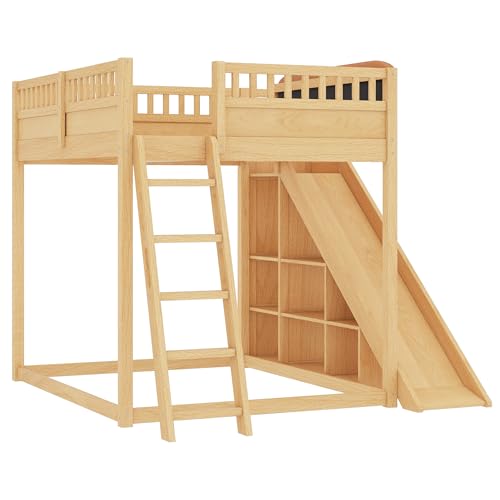 Bellemave Bunk beds Full Over Full with Slide and Stair and upholstered headboard, Low bunk/loft Bed for Kids，Natural Bellemave