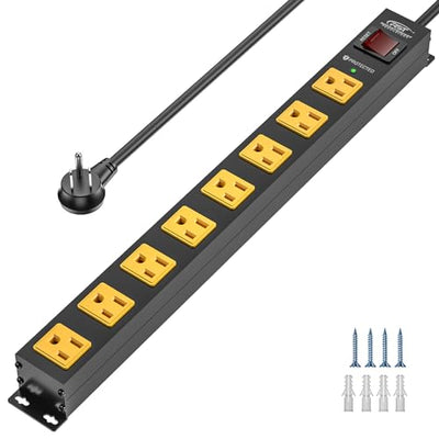 CRST 8 Outlet Metal Long Power Strip, 2100J Heavy Duty Surge Protector Power Strip, 6 FT Cord Mountable Wide Spaced Workshop Garage Power Strip, 15amp/1875W(Black+Yellow)