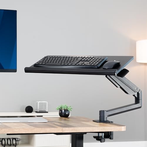 VIVO Sit-Stand 24 Inch Pneumatic Spring Keyboard and Mouse Tray Clamp-on Desk Mount, Counterbalance Height Adjustable Typing Platform, Ergonomic Tilt, Black, MOUNT-KB35CP VIVO
