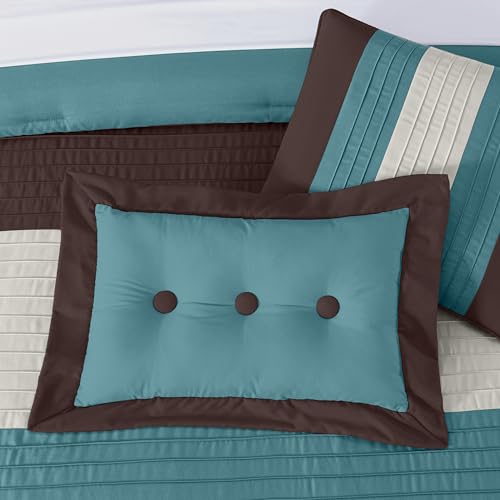 Chezmoi Collection Loft 8-Piece Luxury Striped Comforter Set (King, Blue/Beige/Chocolate Brown) Chezmoi Collection