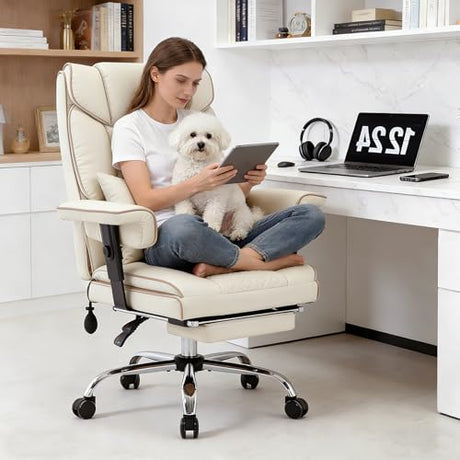Comermax Massage Office Chair with Foot Rest, Wide Seat Heavy Duty Comfy Home Office Desk Chair, 500lbs Big Tall Reclining Office Chairs for Heavy People, White Comermax