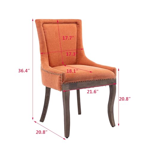 Aoowow Fabric Farmhouse Upholstered Side Chairs Set of 2, Vintage Solid Wood Kitchen Dining Room Chairs with Nailheads Solid Wood Legs (Orange) Aoowow