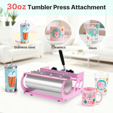 Slendor Heat Press 15x15 Inch 5 in 1 Heat Press Machine with 30OZ Tumbler 360-Degree Swing Away Digital Multifunction Heat Transfer Sublimation Combo for T Shirts Mugs Hat Plate Cap, Pink Slendor
