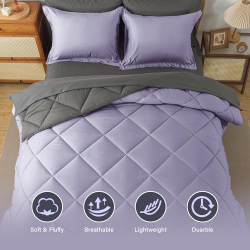 Cosybay Bed in a Bag Queen Reversible Comforter Sets 7pcs All Season Down Alternative Bedding Sets Lavender and Grey with Comforter, Pillow Shams, Flat Sheet, Fitted Sheet and Pillowcase Cosybay