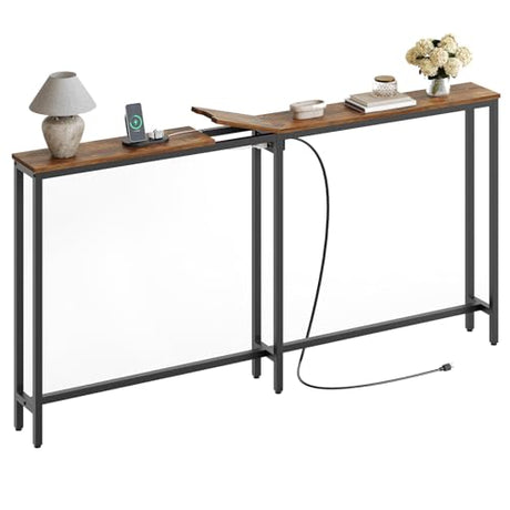 YATINEY Narrow Console Table, 70.9" Behind Couch Table Skinny, Small Entryway Table with Power Outlets, Modern Hallway Table for Living Room, Entryway, Rustic Brown and Black CT15UBR YATINEY
