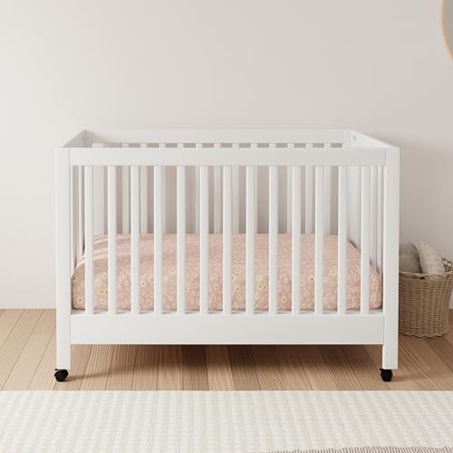Babyletto Maki 2-in-1 Baby Crib Convertible to Toddler Bed - GREENGUARD Gold Certified Portable Folding Wood Crib w/ Toddler Conversion Kit - 4 Adjustable Heights, Easy to Assemble - White