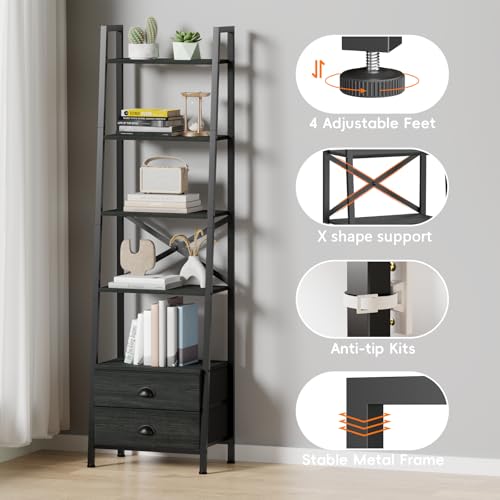 Furologee 5-Tier Industrial Ladder Shelf with 2 Drawers for Versatile Home Storage - WoodArtSupply