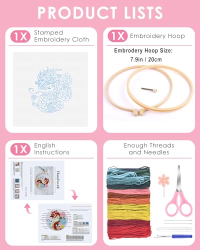 TINDTOP Embroidery Kit for Beginners Adult, Dragon Embroidery Kit for Beginners Include Embroidery Cloth Hoops Threads for Craft Lover Hand Stitch with Embroidery Skill Techniques TINDTOP