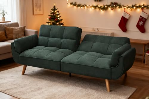 Trygoal Convertible Futon Sofa Bed, Modern Futon Couch with 2 Pillows, Small Futons Couch with Adjustable Armrest & Backrest, Loveseat Sofa Bed for Living Room, Bedroom, Green Trygoal