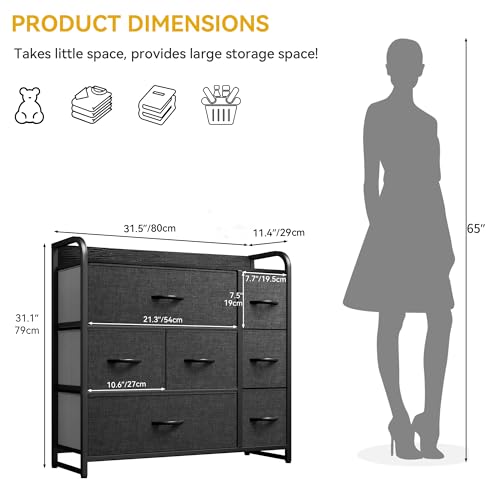 DWVO 7 Drawers Dresser, Organizer Unit for Bedroom, Fabric Dresser Storage Tower for Hallway, Entryway, Closets, Sturdy Steel Frame, Wooden Top