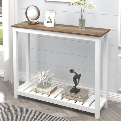 FOLUBAN Farmhouse Sofa Table, Rustic Vintage Console Table for Entryway, Living Room, Hallway, White FOLUBAN