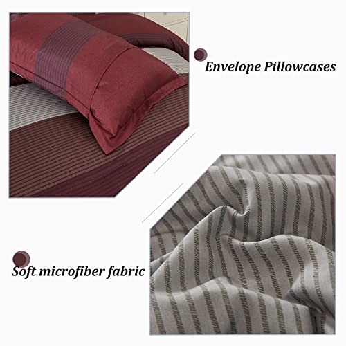 WONGS BEDDING Burgundy Comforter Set King, Reversible Burgundy Stripe Down Alternative Comforter for All Season,3 Pieces(1 Comforter+2 Pillowcases), Soft Microfiber Bedding Duvet Set 104”×90” WONGS BEDDING