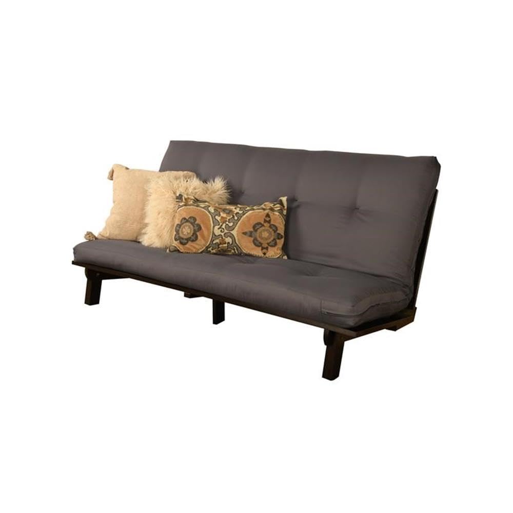 Kodiak Furniture Carson Full Size Futon Frame and Mattress Set - Java Brown Finish Wood Futon Frame with Mattress Included in Twill Gray Color - WoodArtSupply