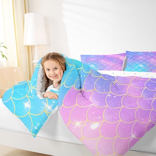 Feelyou Mermaid Scales Comforter Fish Scales Print Comforter Set for Girls Ocean Marine Themed Nature Bedding Set Purple Blue Room Decor Twin Size Duvet Set 2Pcs Boys Feelyou