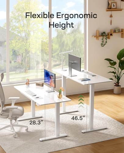 Marsail Glass Electric Standing Desk with Drawer, 40 x 24 Inches Height-Adjustable Desk, One-Piece Tempered Glass Top, Ergonomic Home Office Sit Stand Desk with 4 Preset Heights, White Marsail