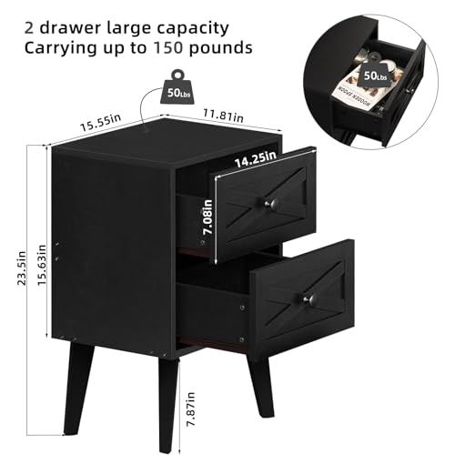 Lerliuo Nightstand Set of 2, Black End Table with 2 Drawers Barn Door Decorated, Mid Century Modern Night Stand, Bed Side Table with Storage, Solid Wood Legs Cabinet Dresser for Living Room, Bedroom Lerliuo