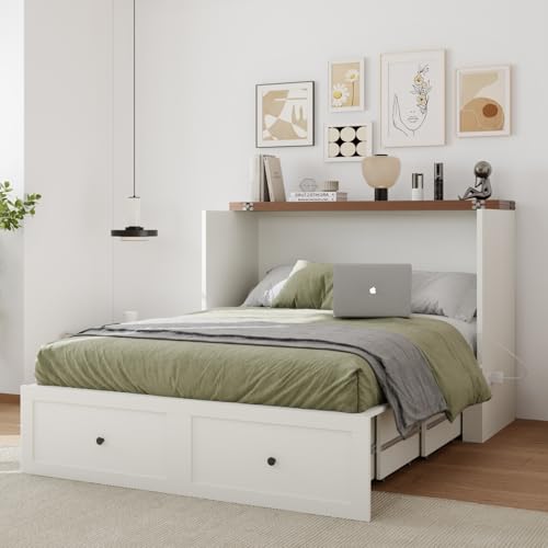 Murphy Bed Cabinet with Charging Station, Full Size Murphy Bed with Large Storage Drawer for Bedroom, Living Room, Home Office Generic