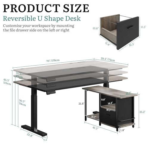 YITAHOME L Shaped Standing Desk with Power Outlets, 70.1" Electric Standing Desk Adjustable Height Sit Stand Corner Standing Desks Executive Desk with Drawers & Shelves, Grey + Black YITAHOME