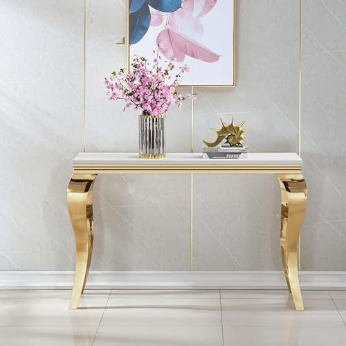 Modern Rectangular White Faux Marble Console Table, 0.71" Thick Faux Marble Top, 4 Stainless Steel Legs with Gold Mirrored Finish for Living Room (White6) ShopBOPP