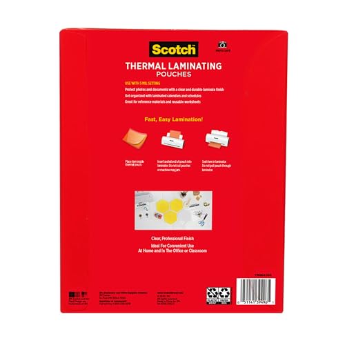 Scotch Thermal Laminating Pouches, 100 Count, Clear, 5 mil., Laminate Business Cards, Banners and Essays, Ideal Office or School Supplies, Fits Letter Sized Paper (8.9 in. × 11.4 in.) Scotch