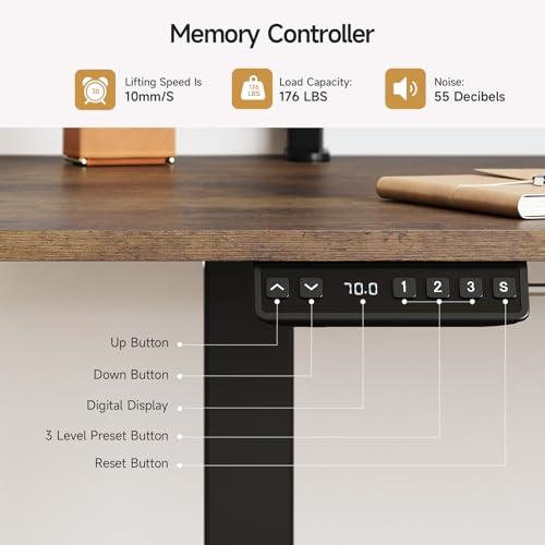 ONBRILL Standing Desk with 2 Adjustable Monitor Shelves, 63 x 24 Inches Electric Stand Up Desk with Memory Controller and Adjustable Height from 28-46 inches for Computer Workstations, Rustic Brown ONBRILL