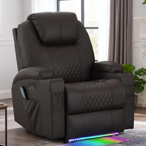 Power Recliner Chair with Heat and Massage for Adults - Home Theater Seating with LED Lights,Cup Holders,Side Pocket,USB Port - Recliner Sofa for Living Room (Brown, Single Recliner)