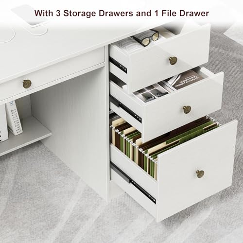 TTVIEW Computer Desk with Drawers and Hutch Shelf, Wood Executive Desk Writing Study Table with 43” Wide Tabletop, Small Desk with File Drawer for Home Office Bedroom, White Oak TTVIEW