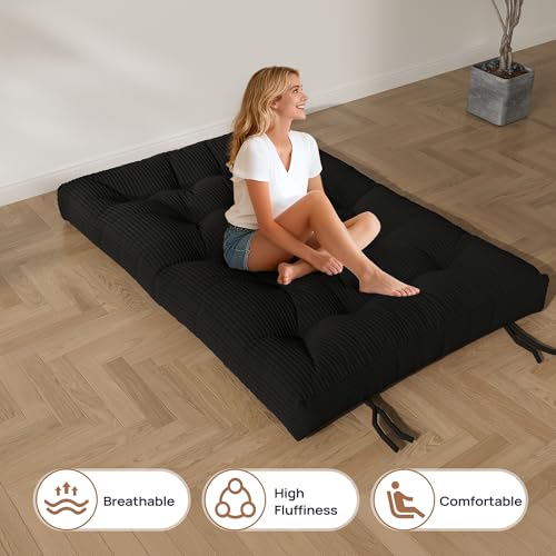 Furnify 6" Futon Mattress Full Size, Futons Sofa Couch Bed with Straps, Corduroy Fabric Floor Mattress for Adults, Foldable Mattress with Shredded Foam Filling (Frame Not Included), Black Furnify