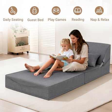 BeBen Folding Sofa Bed Chair, Convertible Sleeper Chair Futon Couch, Foldable Boneless Floor Lounger Sofa, Single Foam Chair Bed for Small Spaces, Dorm, Guest Room, Living Room, Apartment, Grey BeBen