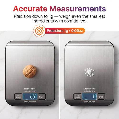 KitchenOra Digital Food Kitchen Scale, 11lb/5kg Capacity with 1g Precision, 5 Units (g/oz/lb:oz/ml/fl'oz), 304 Stainless Steel Surface, Backlit LCD, Tare Function for Cooking, Baking, Keto & Meal Prep