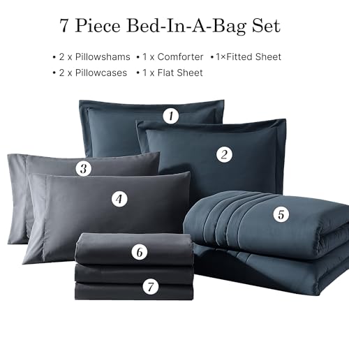 Monbix Queen Comforter Set - 7 Pieces Blue Gray Bed in a Bag Queen Bedding Sets with Comforters, All Seasons Comforter Bed Set with Sheets,Pillowcases & Shams Monbix